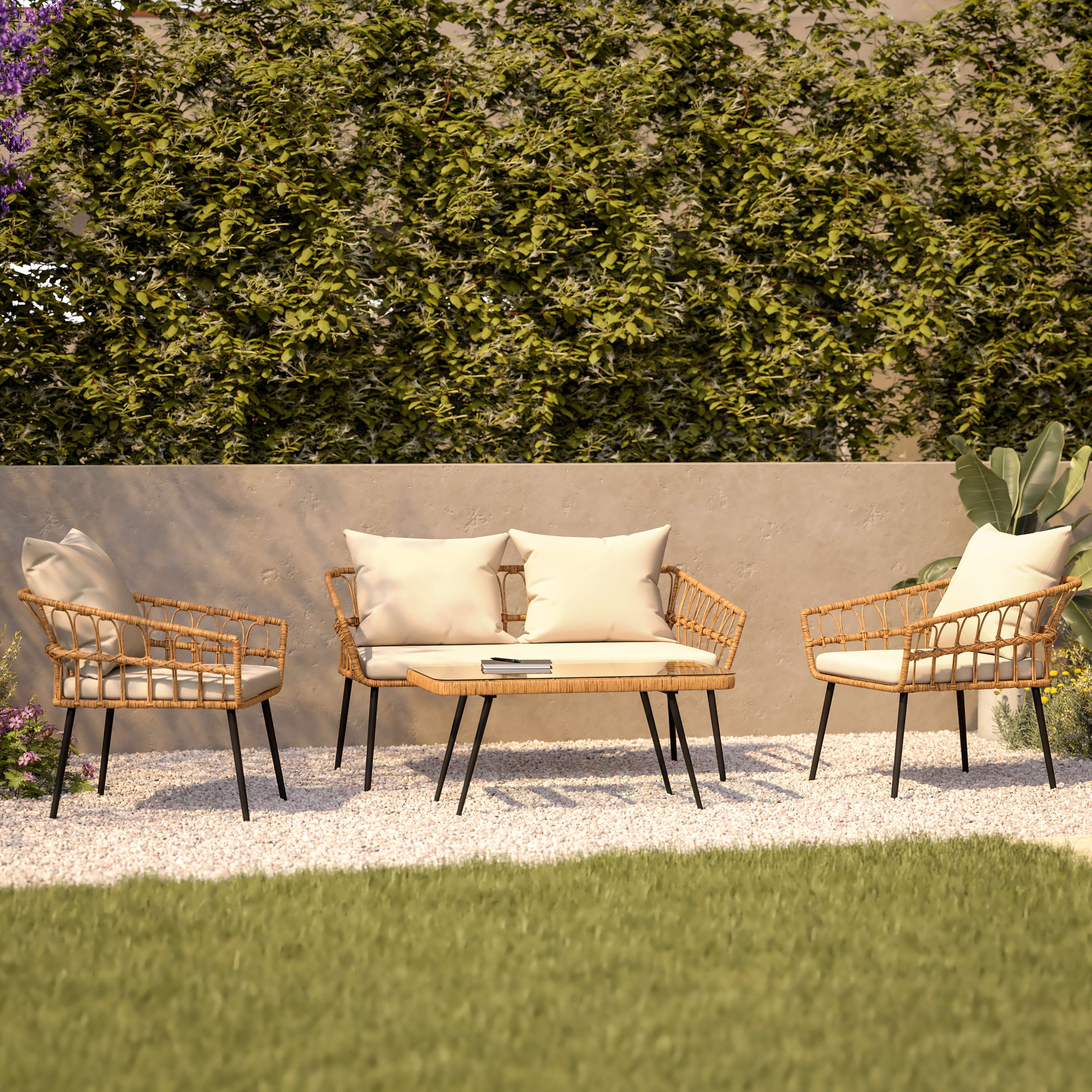 Flash Furniture Evin Boho 4 Piece Indoor/Outdoor Rope Rattan Patio Conversation Set with Tempered Glass Top Coffee Table and Cream Cushions, Natural