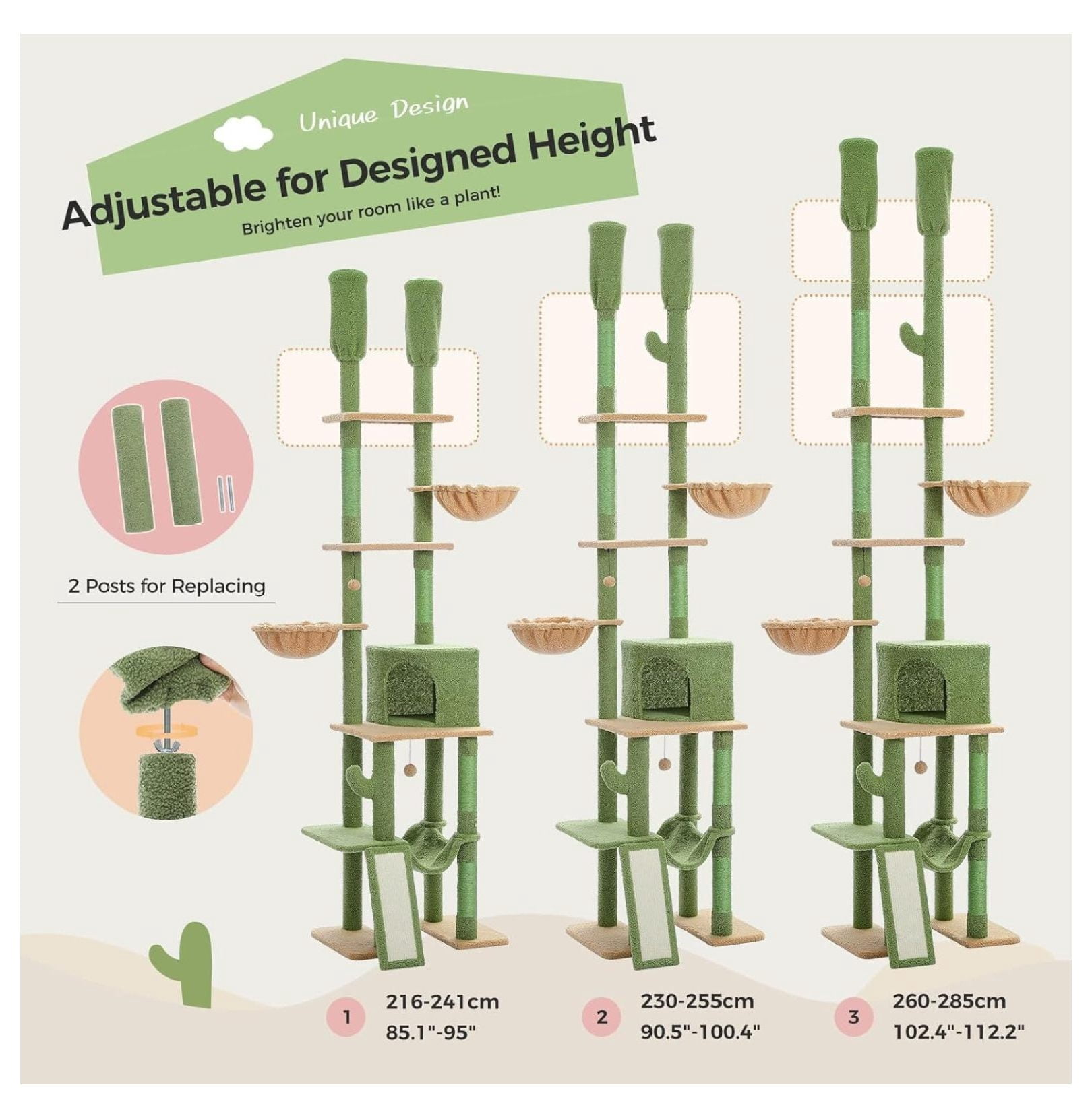Cactus Cat Tree Floor to Ceiling, 85-112 Inch Adjustable Cat Tower - 7 Tier Climbing Center with Hammocks & Scratching Posts for Indoor Cats