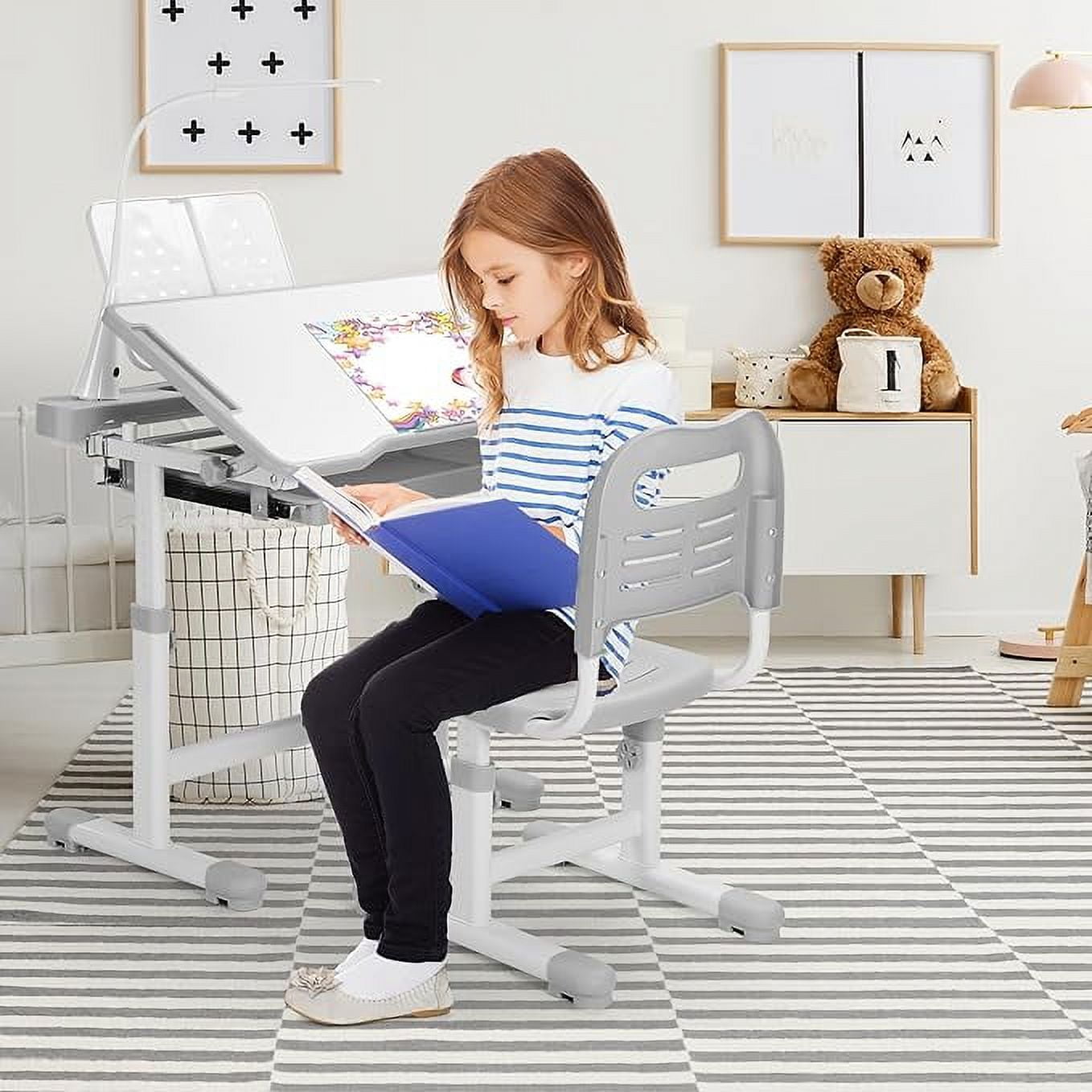 Kids Desk and Chair Set Height Adjustable School Study Desk and Chair with 55° Tiltable Desktop, 3 Modes&3 Brightness LED Lamps, Storage Drawer and Metal Hook for Boys Girls, Grey