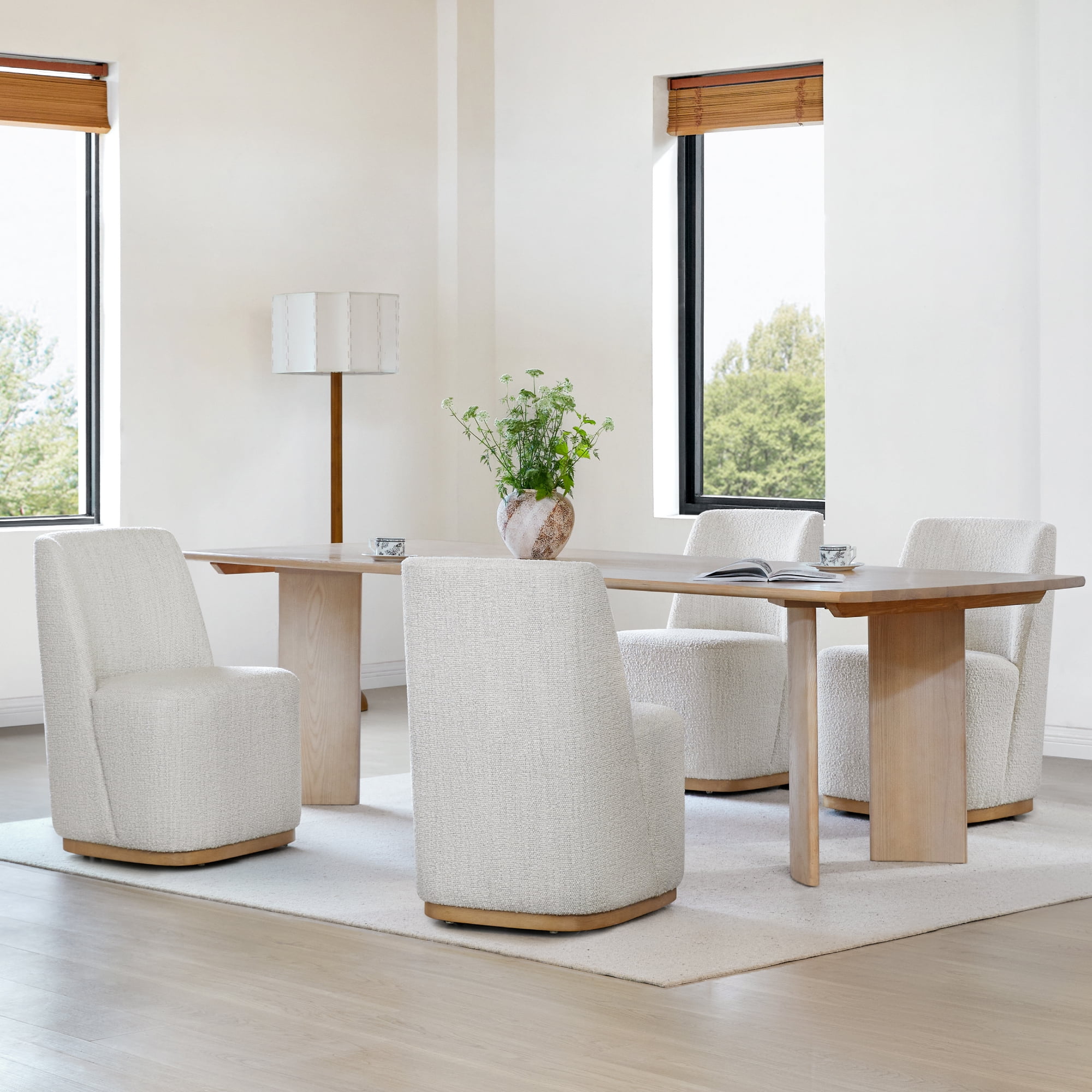 Spruce & Spring Modern Upholstered Dining Chair with Hidden Casters & Wood Base Set of 2, Pearl White