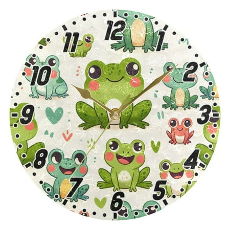 Cute Frogs and Heart Wall Clock 9.8 inch Battery Operated Clocks Non-Ticking Silent for Bedroom Office Kitchen Living Room(Gold)