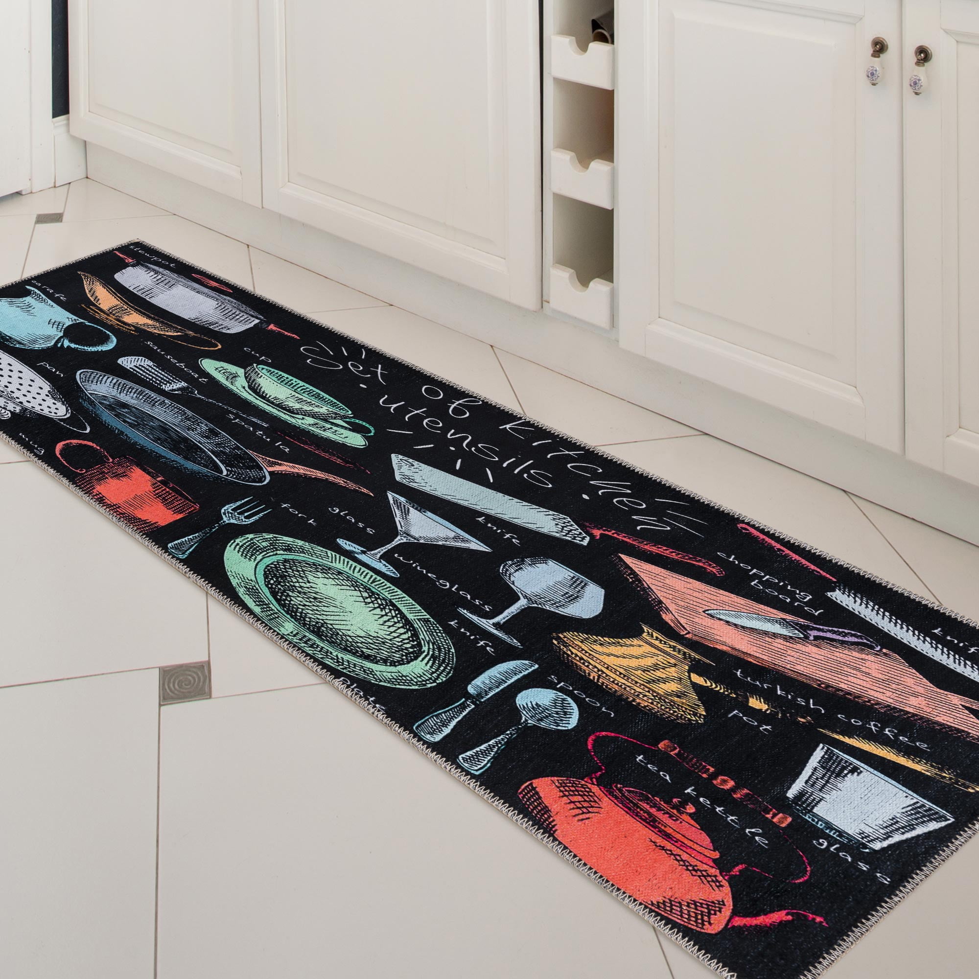 Ottomanson Machine Washable Utensils 2x5 Flatweave Cotton Kitchen Runner Rug, 20" x 59", Black/Multicolor