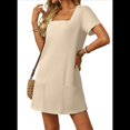 thumbnail image 2 of Minivestido Informal de Verano para Mujer, de Color Liso, con Escote Cuadrado, Corta y Bolsillos, Color Albaricoque S, 2 of 9