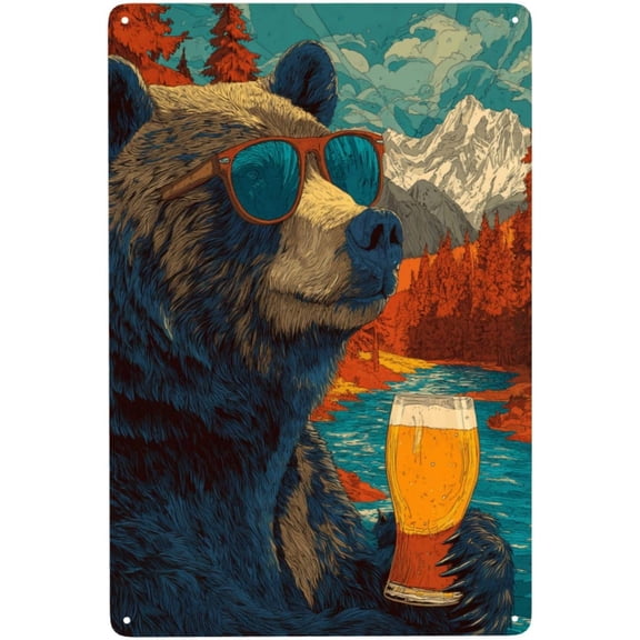 Vintage Metal Tin Sign Bear Drinking Beer Wall Art, Retro Fall Home Decor Poster for Man Cave Garage Cabin, 8 x 12 Inch