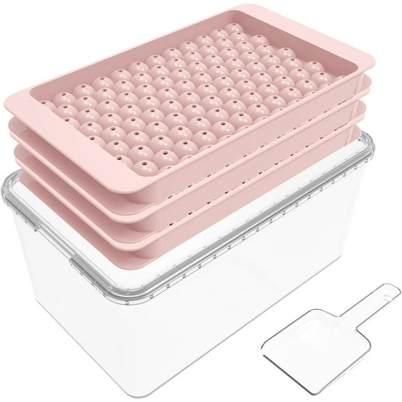 Ice Cube Trays with Lid and Bin (3 Pack), 0.45IN Sphere Ice Cube Mold with Scoop, Space-Saving Ice Trays for Mini Fridge Freezer Making Sphere Ice Balls for Coffee Cocktail&Juice(pink)