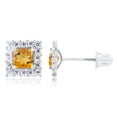 thumbnail image 2 of Decadence Solid 14K White Gold 3mm Square Natural Citrine November Birthstone Halo Screwback Stud Earrings For Women | 6mm Square Earrings | 1mm Created White Sapphire Screwback Earrings For Women, 2 of 5