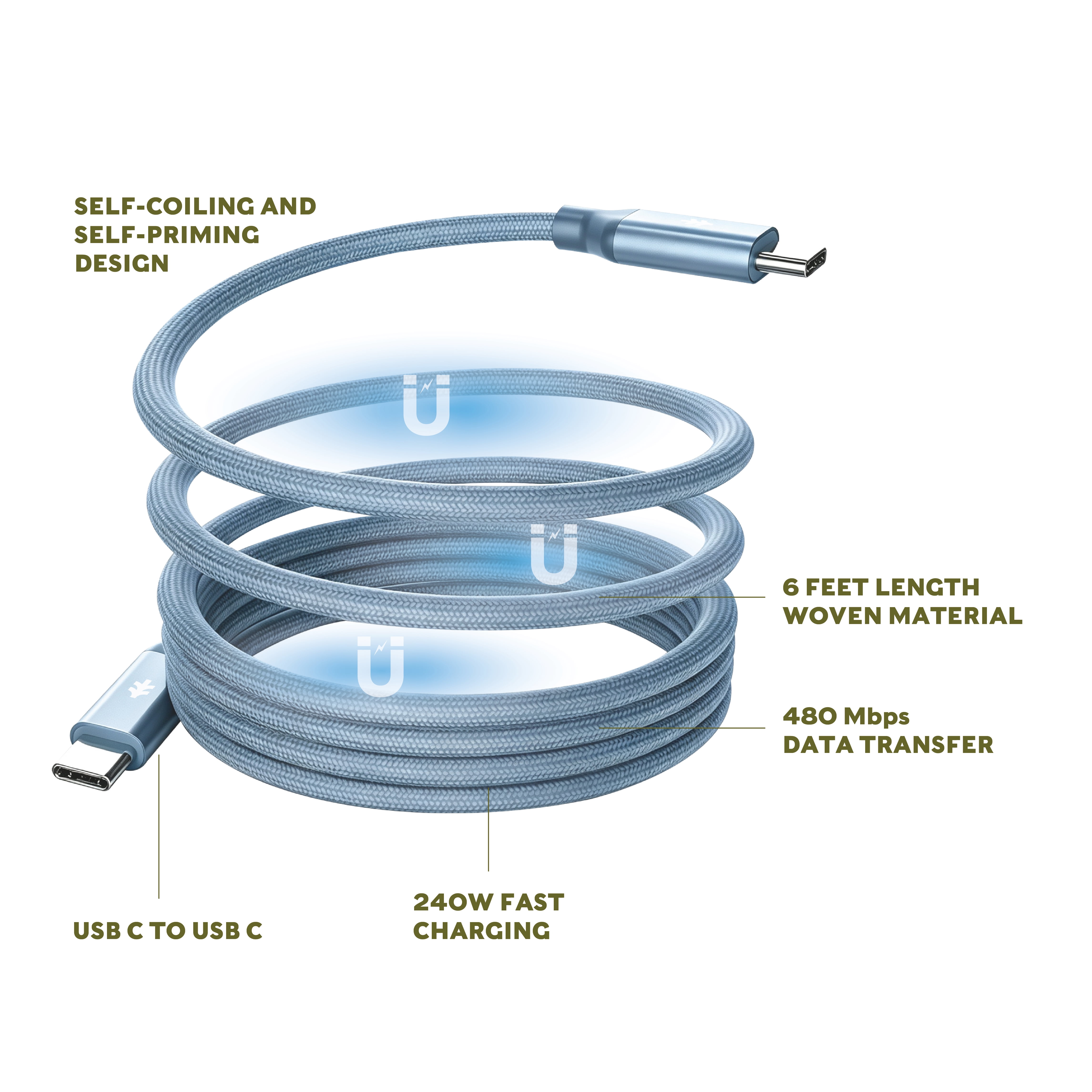 Swiss Tech Kabel M240 6 ft 240W Magnetic Self-Coiling USB-C Charging Cable, Cresta Blue