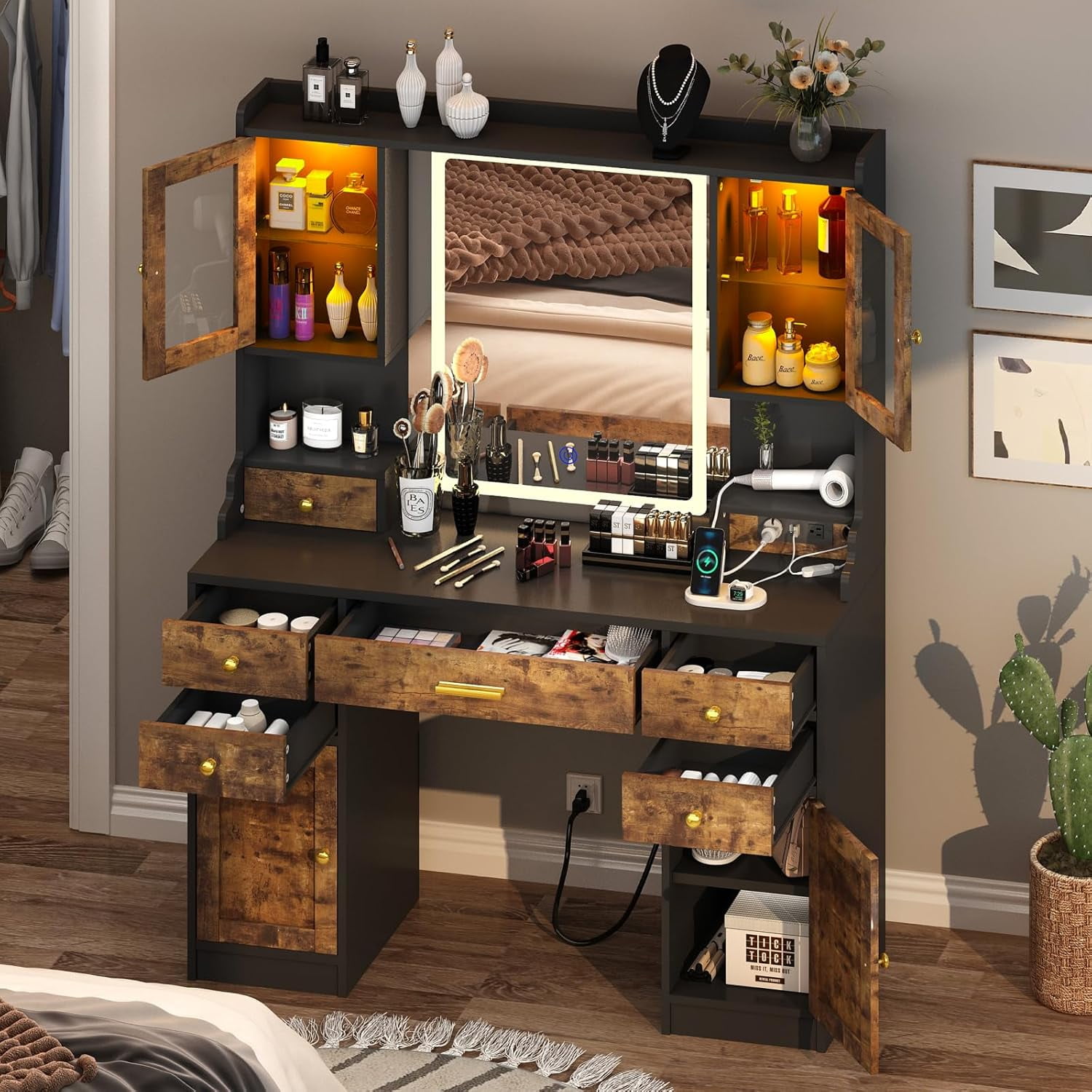 Rustic Brown Vanity Desk with Mirror,Lights and Charging Station
