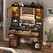 Rustic Brown Vanity Desk with Mirror,Lights and Charging Station