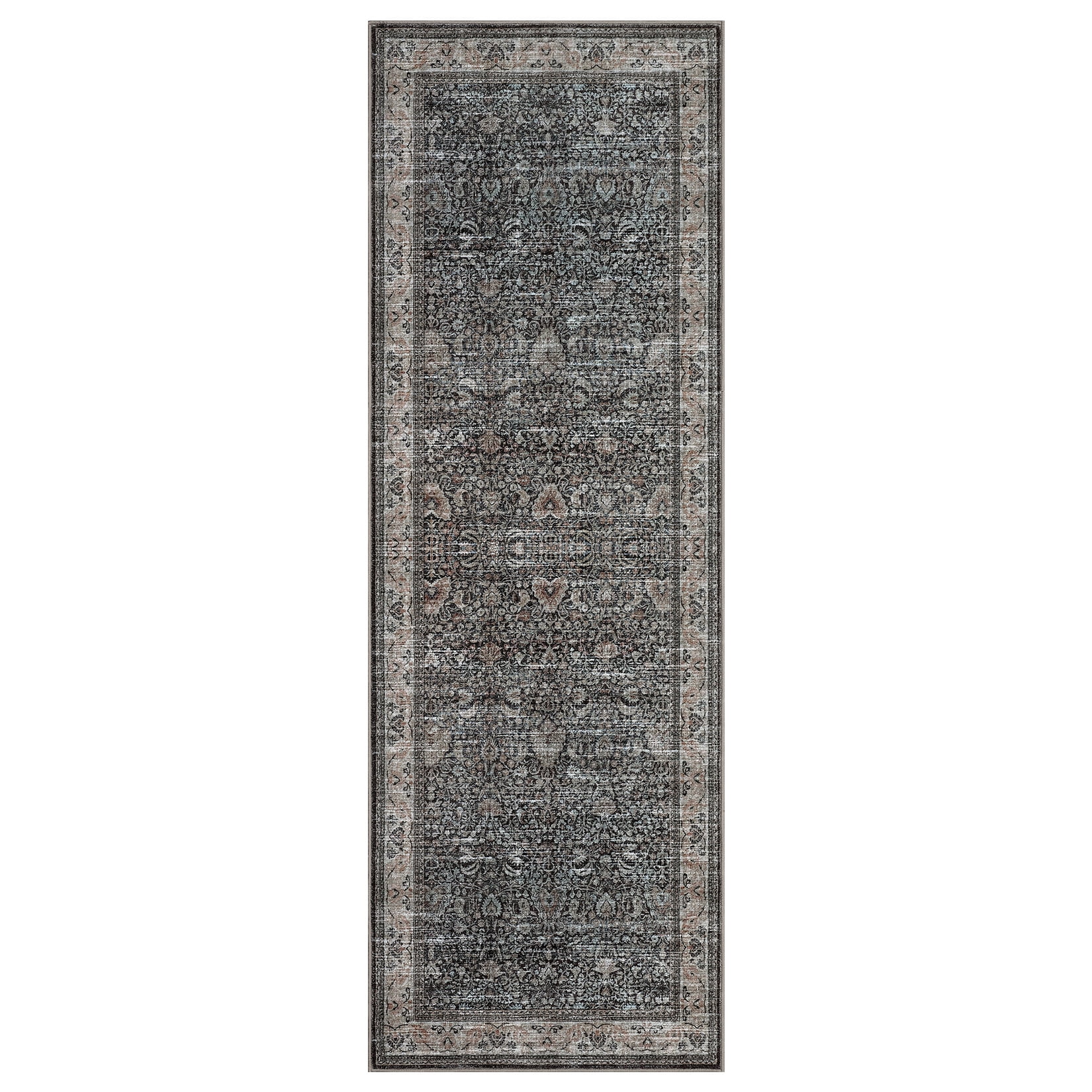 Washable Runner Rugs, Reddish Brown 2'X6' Antique Distressed Long Rug, Modern Non Slip Stain Resistant Vintage Print Accent Carpet for Living Room Bedroom Dining Office Farmhouse Hallway Entryway