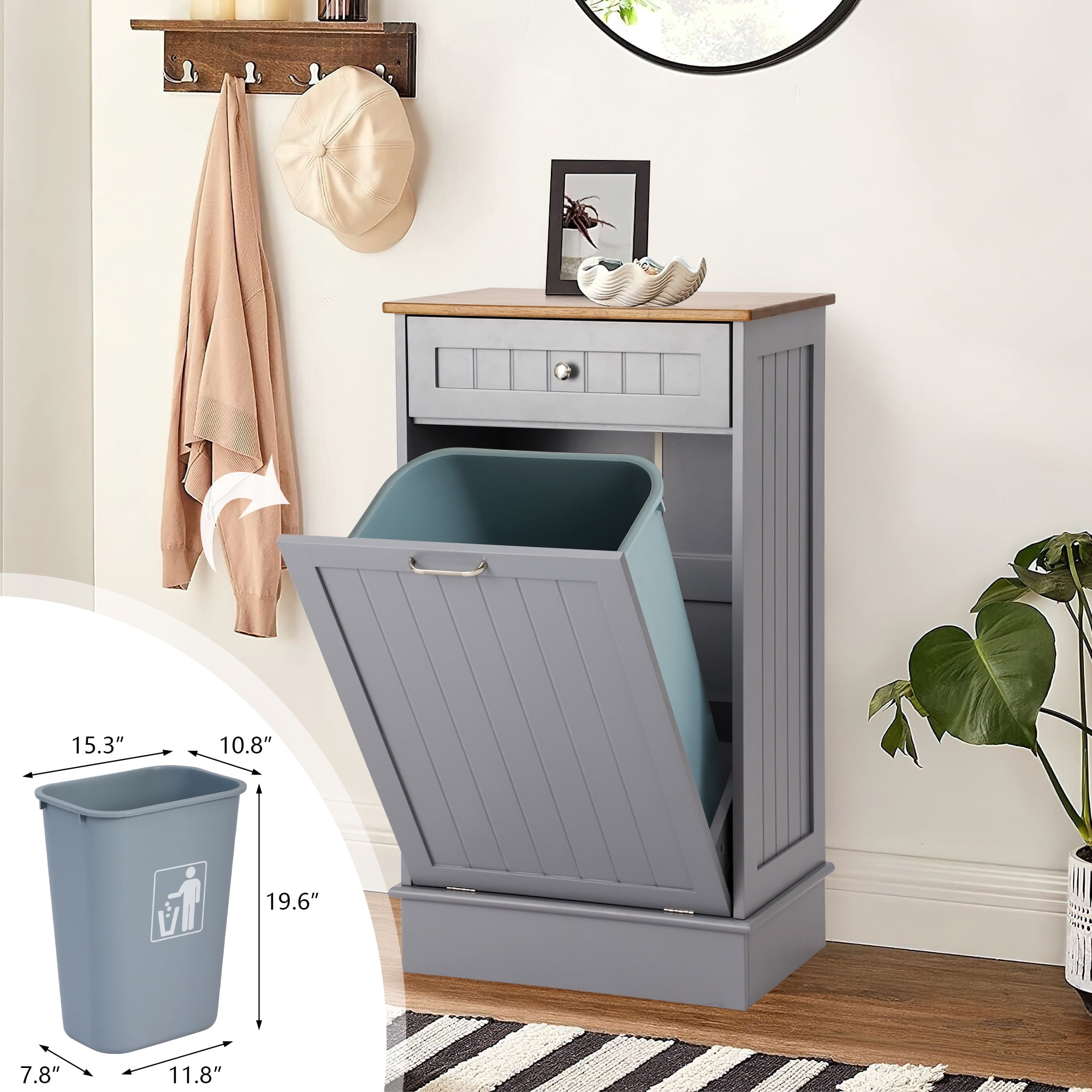 Kigoty Trash Cabinet, 10 Gallon Tilt Out Wood Trash Canbinet Garbage Hamper Pet Proof for Kitchen, ray