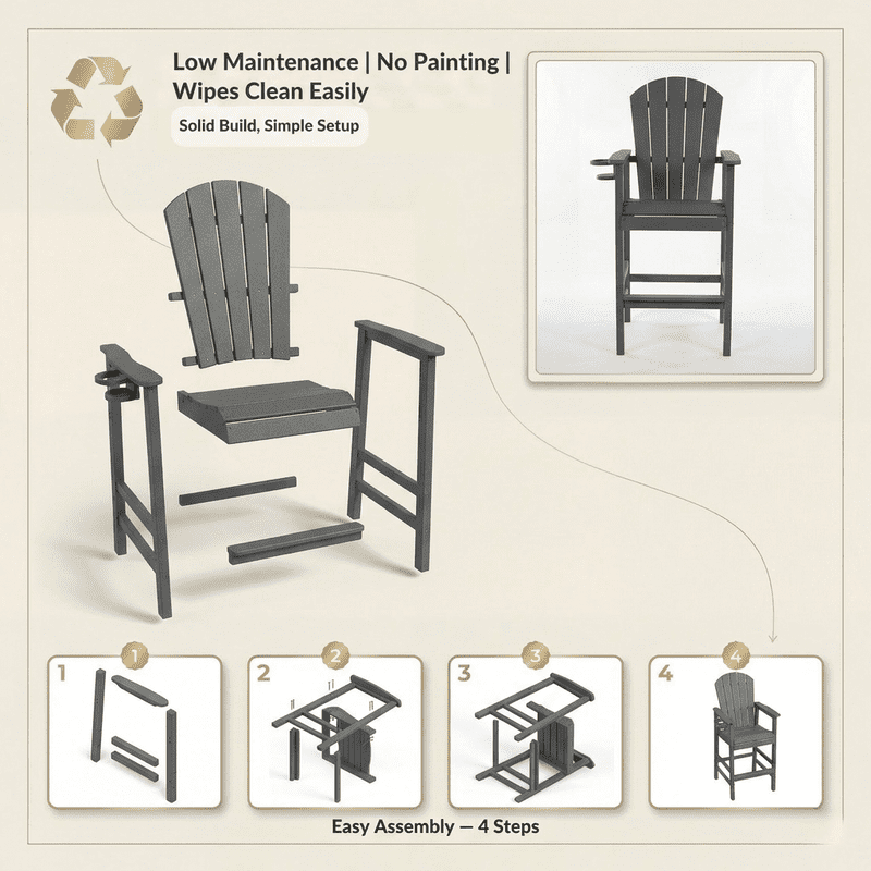All-Weather Bar Height Adirondack Chair, Outdoor Patio Bar Stool with Armrests & Cup Holder, UV/Weather Resistant, Ergonomic High-Back Design for Deck Backyard Poolside 1PC