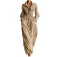 thumbnail image 2 of Women's Plus Size Solid Color Cotton Linen Blend Jumpsuit, Long Sleeve Zip Up Collar Wide Leg Romper with Elastic Waistband, Stylish Casual Streetwear Khaki M, 2 of 5