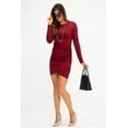 thumbnail image 3 of DEVOPS Women's Ruched Elegant Bodycon Long Sleeve Wrap Dress(X-Small, Wine Red), 3 of 6