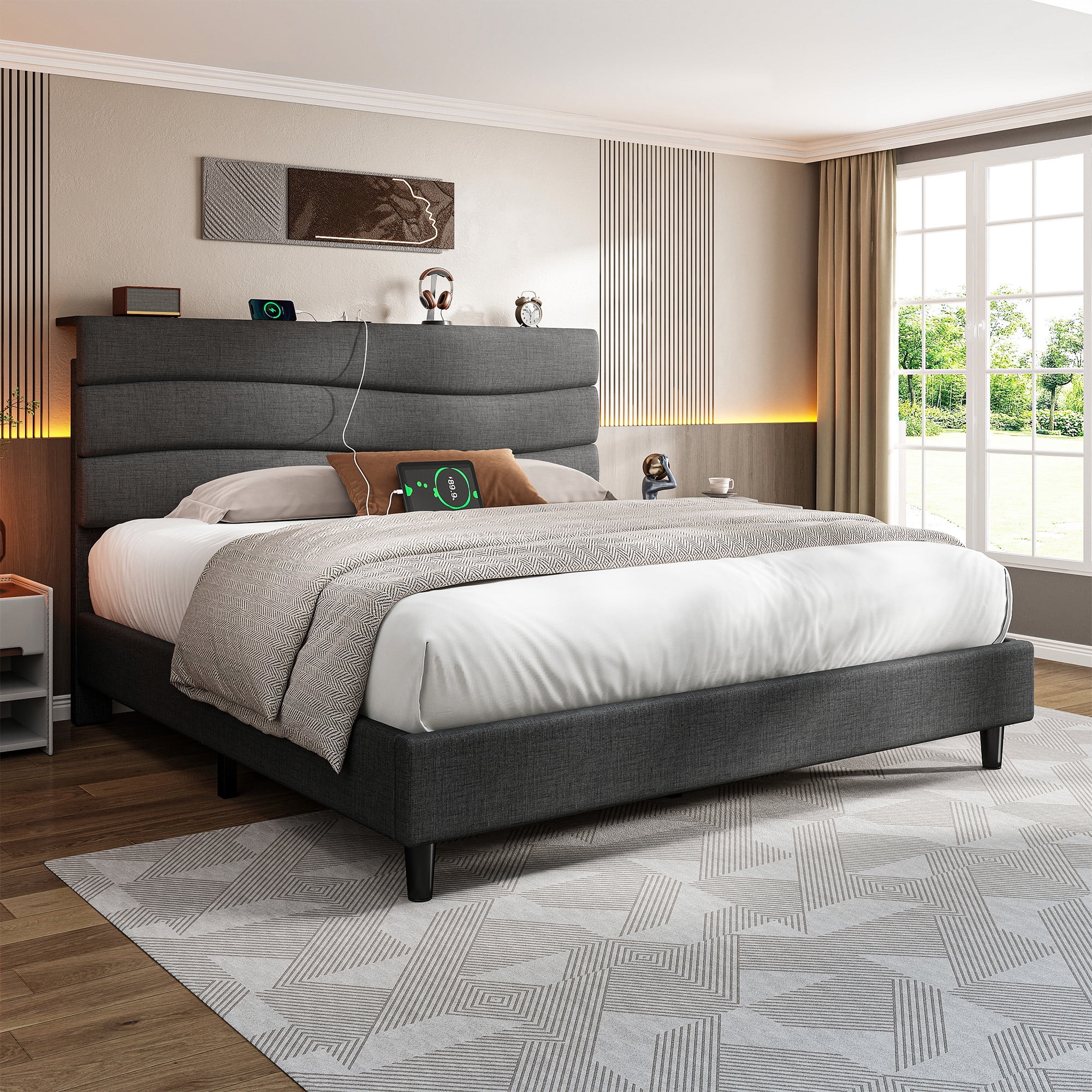 EnHomee Queen Size Bed Frame with Headboard Upholstered Bed Frame Queen with Storage Queen Size Bed Frame with Charge Station Gray, No Box Spring Needed, Noise Free
