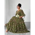 thumbnail image 7 of Green Floral Print V-Neck Maxi Dress With Tiered Skirt And Side Slit For Women, 7 of 7