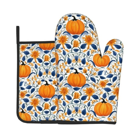 

Xecao Blue Orange Pumpkin fall Pattern Oven Mitts and Pot Holders Sets Heat Resistant Silicone Oven Mittens Extra Thicken Long Kitchen Cotton Oven Glove for Cooking