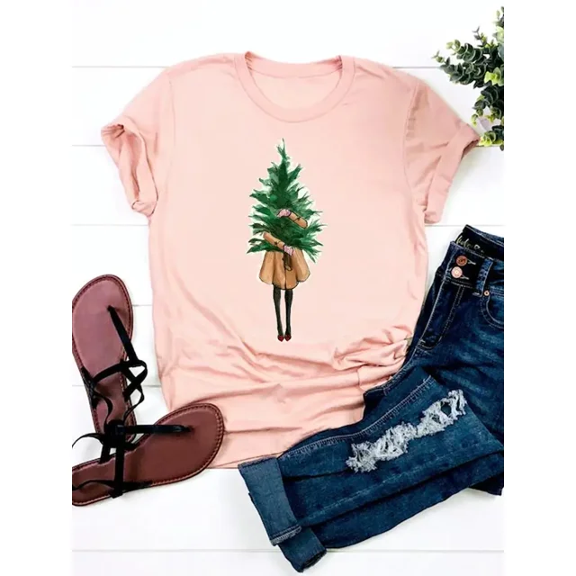 Camiseta con estampado para mujer, ropa bonita, Top de moda de Año Nuevo, Camisetas Básicas de manga corta con gráfico de Navidad