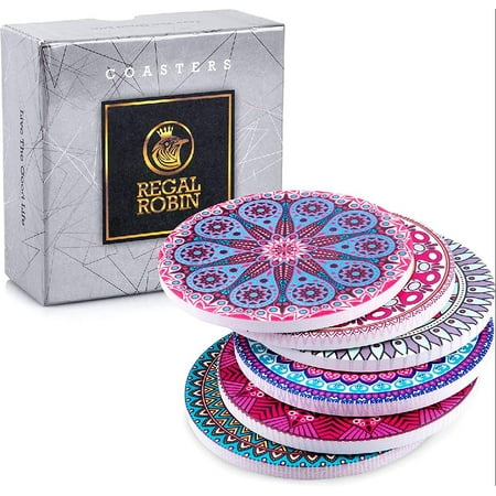 

Absorbent Ceramic Mandala Coasters for Drinks: Drink Coaster Set - Cute 4 Inch Novelty Coasters with Cork Back for Home Office Restaurant - Coffee Table Desk Kitchen Decor - Set of 6
