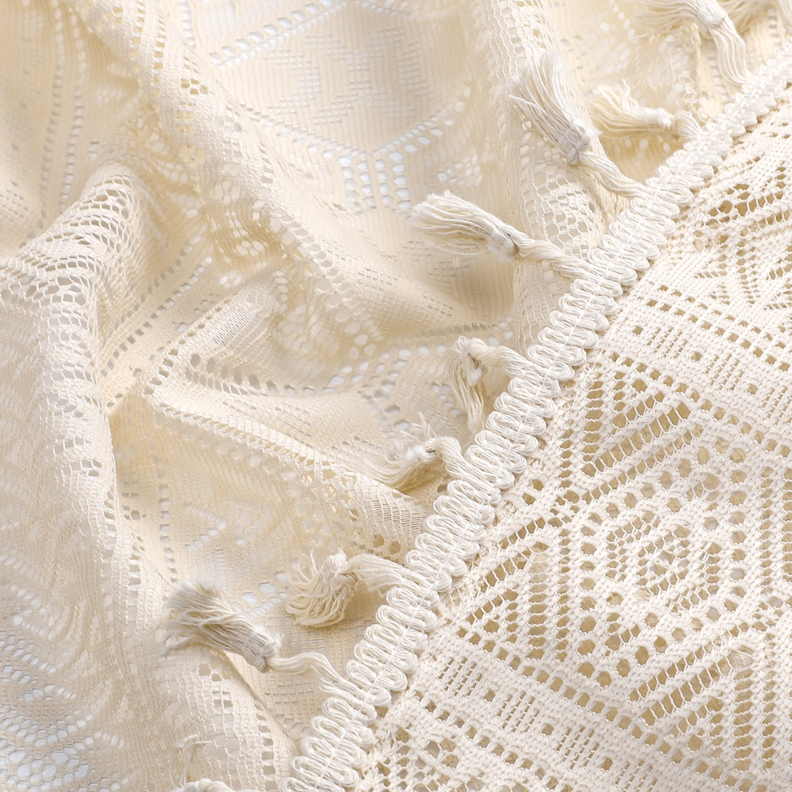 Bohogeo Beige Linen Textured Tassel Sheer Lace Curtain Panels, Farmhouse Chic Crochet Geometry Knitting Rod Pocket Window Drapes for Living Room/Bedroom or Kid Room, 2 Panels,Beige, 95" L x 40" W
