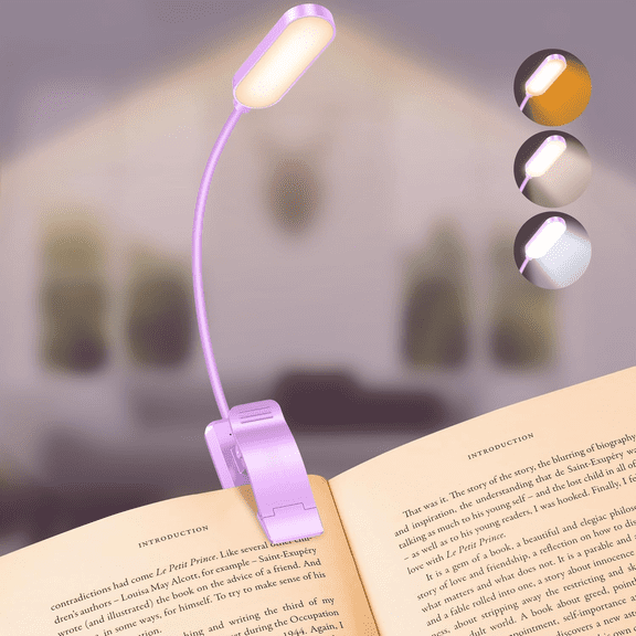 16 LED Rechargeable Book Light for Reading in Bed- Eye Caring 3 Color Temperatures, Stepless Dimming Brightness, 80 Hrs Runtime, Lightweight Flexible Clip on Light for Book Lovers-Purple