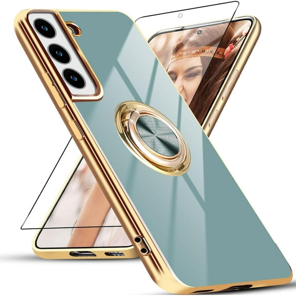 for Samsung Galaxy S21 Plus Case with 1 Screen Protector, Built-in 360°Rotation Ring Holder Magnetic Stand, Luxury Shiny Plating Edge Shockproof Electroplated Protective Cover(Midnight Gray)