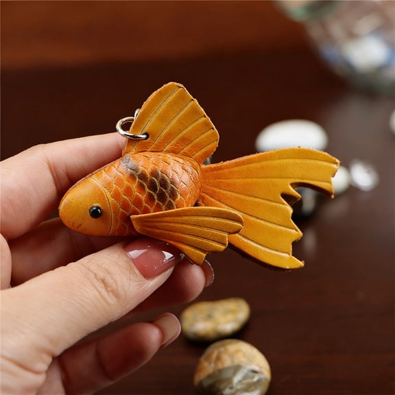 Fzsteel Handcrafted Mini Cowhide Leather Keychain - Goldfish Design with Embossing