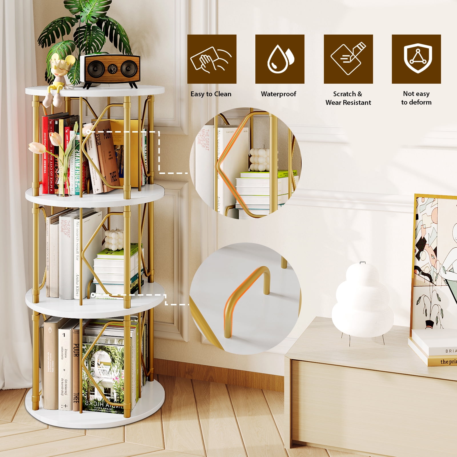 LLappuil 3 Tier Rotating Bookshelf, 360° Display Swivel Bookcase, Corner Bookshelf for for Bedroom, Living Room White