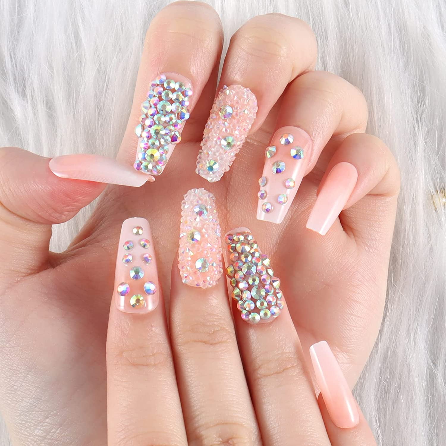 24 Pack Diamond Pressed Nails 3D Gradient Crystal French Nails Full