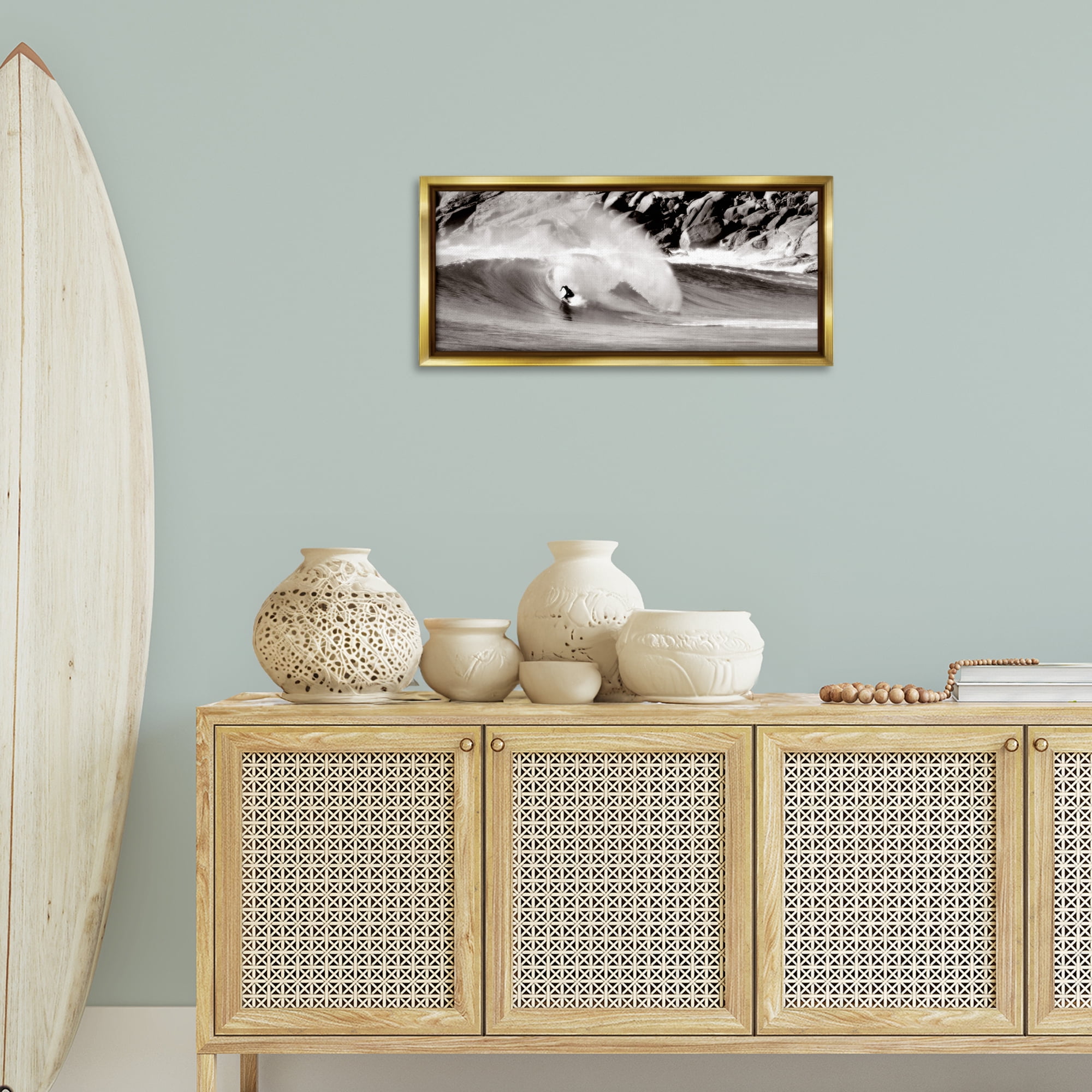 Stupell Industries Surfing Reef Break Coastal Photography Gold Floater Framed Canvas Art Print Wall Art, 31 x 14