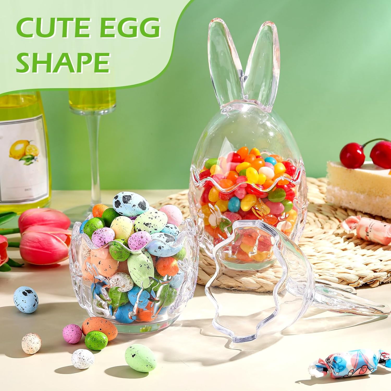 Glass Bunny Candy Jar with Ears & Cracked Egg Lid, 17cm Clear Easter Treat Container for Mini Eggs, Cookies & Candy, Spring Kitchen Decor & Gift (3 Pcs)