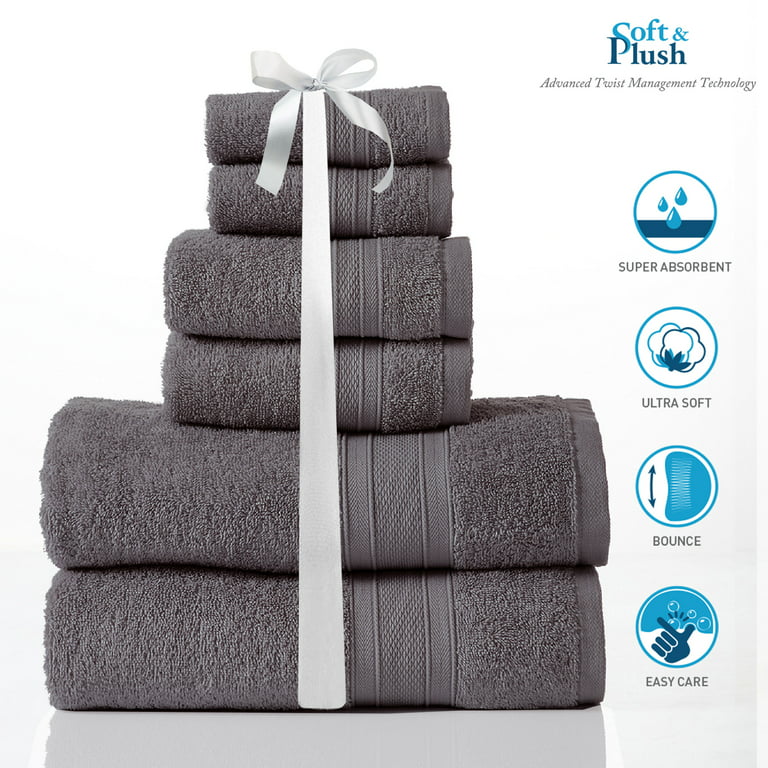 Trident Soft N Plush 6 Piece Cotton Bath Towel Set, Charcoal Gray 