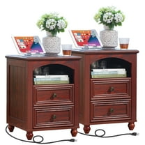 Nightstand Set of 2 with Charging Station, Rustic Modern Bedside Tables with 2 Drawers & Shelf, Bedside Tables End Table for Bedroom - Red Oak