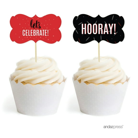 Signature Black, White, Red, Round Cupcake Toppers, 20-Pack