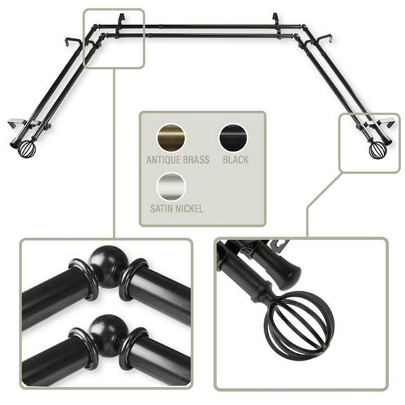 Central Design ABAY-62-2D 0.8125 in. Crate Bay Window Double Curtain Rod with Side Rod Extends Upto 20 to 36 in. & Center Rod Extends Upto 38 to 72 in., Black