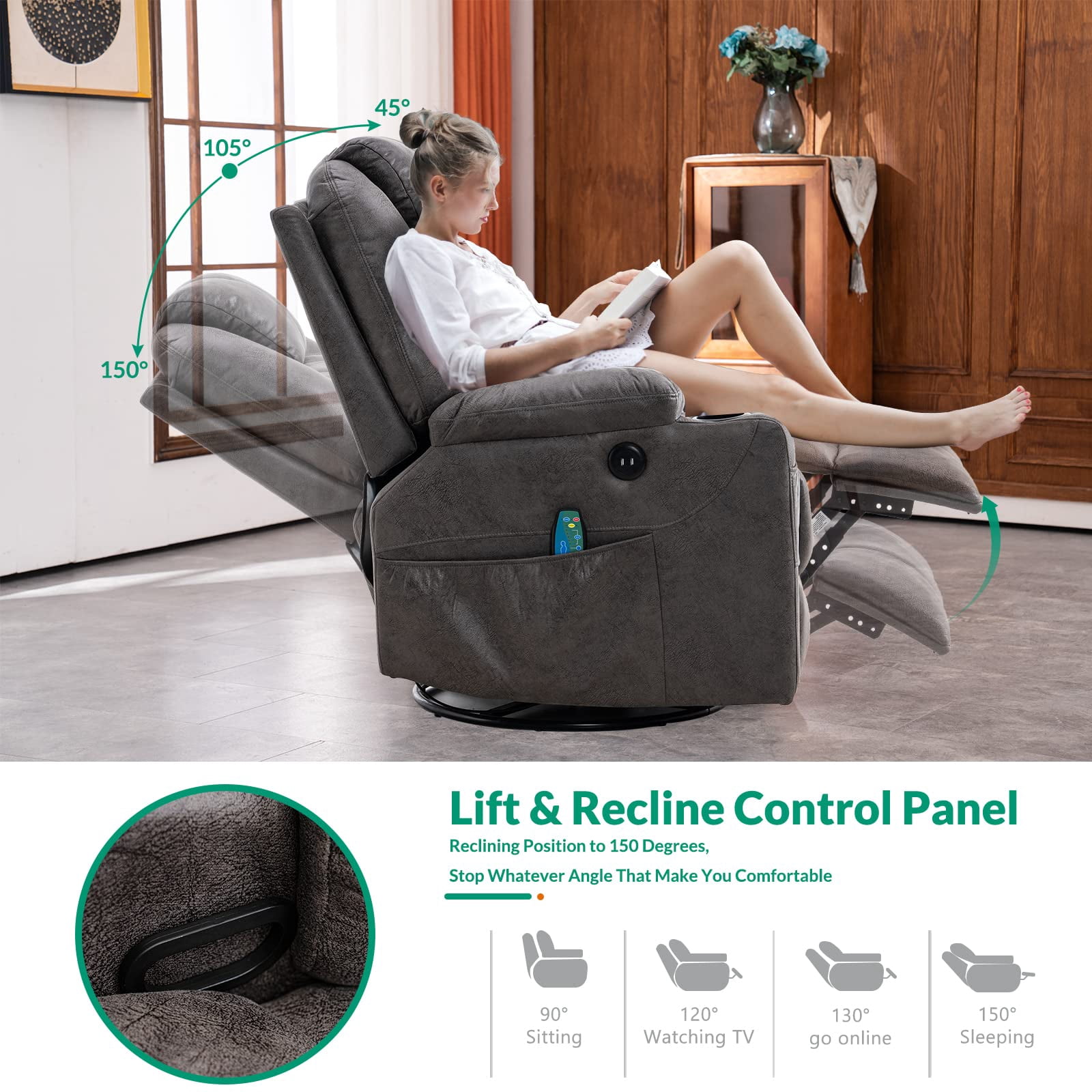 VIVIJASON Manual Massage 360° Swivel and Heating Recliner, Gray