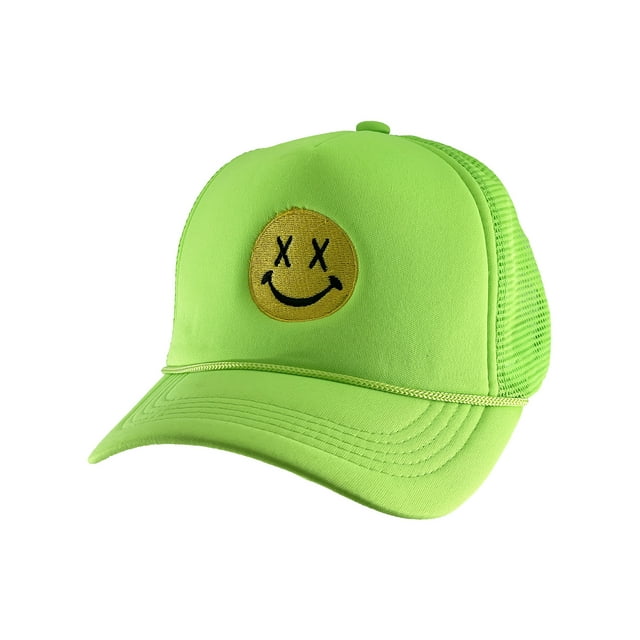 Gravity Threads Smile Face Embroidery Adjustable Trucker Hat - Cross Eye - Neon Green