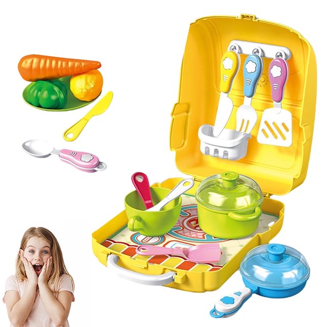 Kids Pretend to Play Set Toys Children‘s Simulation Jewelry Dressing Table Toothbrush Tool Set Kitchen Tableware with Backback Box for Boys Girls White