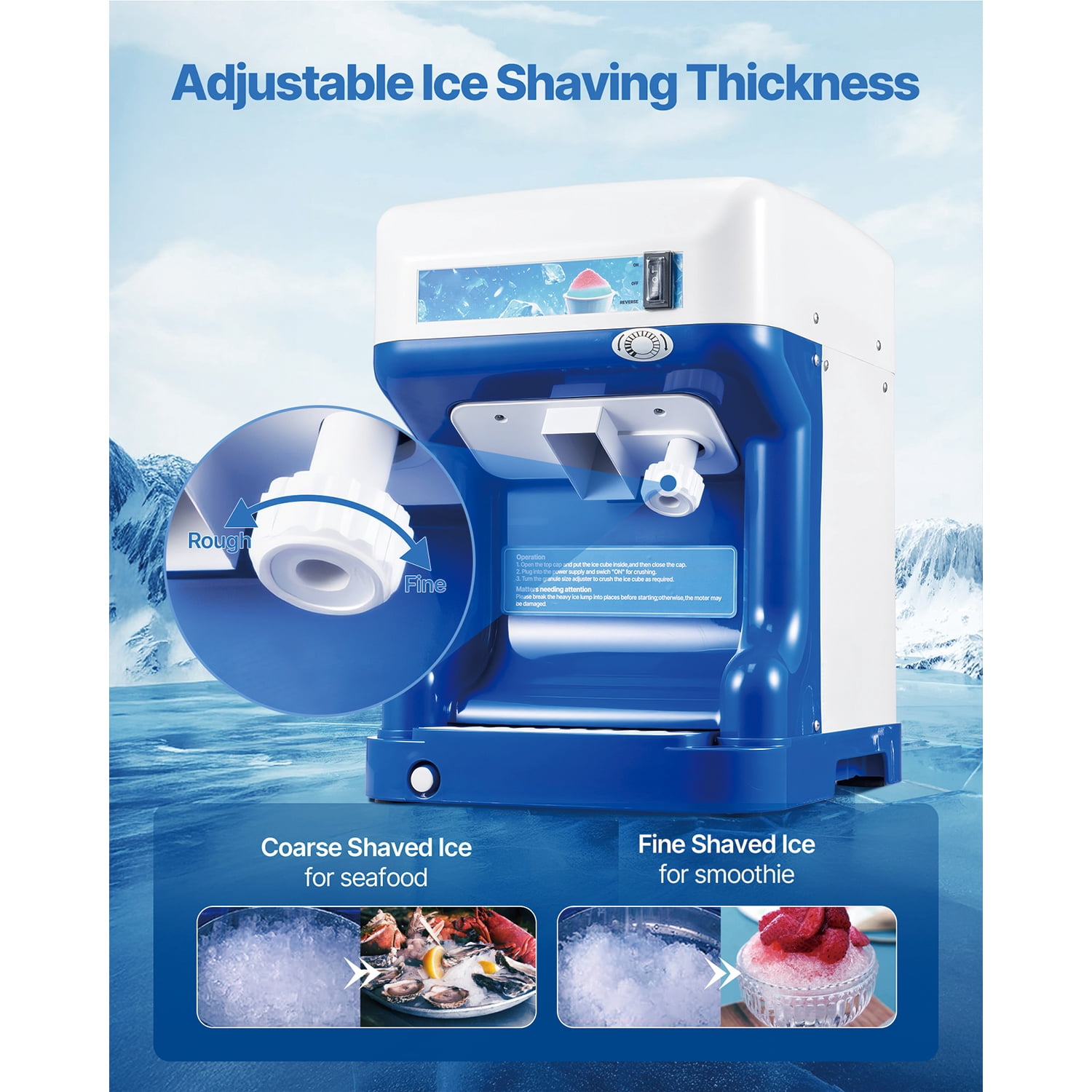 KFFKFF Electric Ice Shaver and Crusher, 286lbs/hr Snow Cone Maker with 2L Ice Storage, 250W 1500RPM Tabletop Machine for Parties, Events, Snack Bars, and Home Use (Blue)