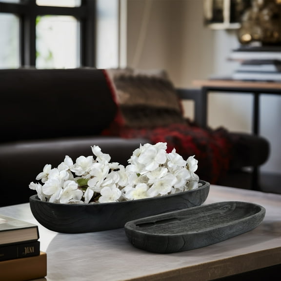Decorative Oval Bowl for Coffee Table and Kitchen Counter - Wooden Accent for Entryway Storage and Home Decor - Boho Bowl Decorations for Keys, Candy, and Office Desk - Set of 2, 4", 2", Black