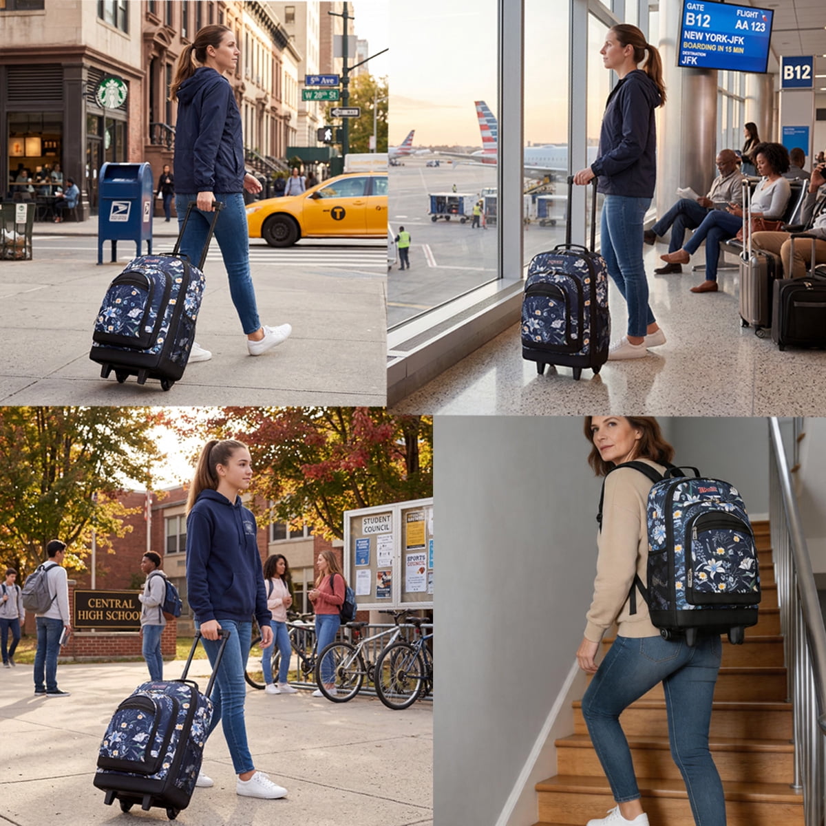 20" Rolling Backpack for Women Men, 2 in 1 Carry-on Travel Backpack with Wheels & Handle for Work, Weekend, School, Short Trips, Blue Lilies - JH2561