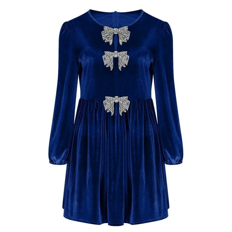 AUNVITO Women's Velvet Dress Long Sleeve Round Neck Knee-Length with Bow  Tie and Pockets Elegant and Casual - Walmart.com