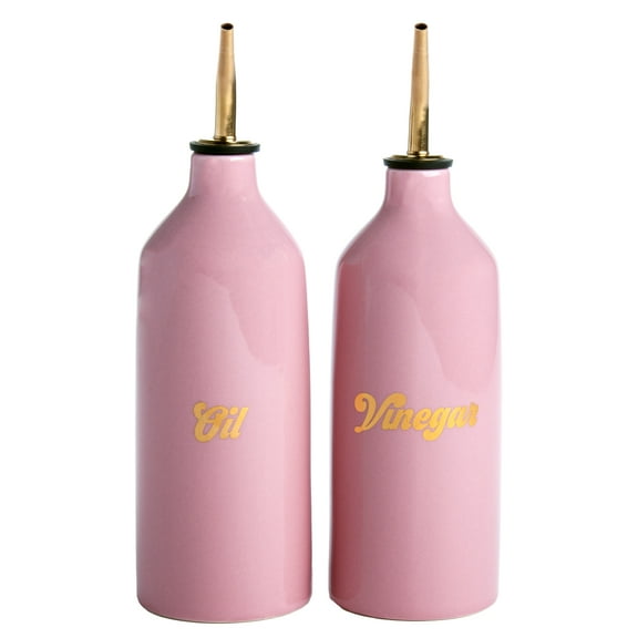 Paris Hilton Ceramic Oil and Vinegar Cruet Set, Drip-Free Spouts, Gold Details, Pink