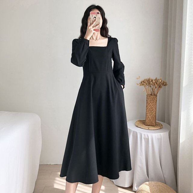 Vestido de mujer de moda con cuello cuadrado y corte A, largo medio, para la temporada de primavera