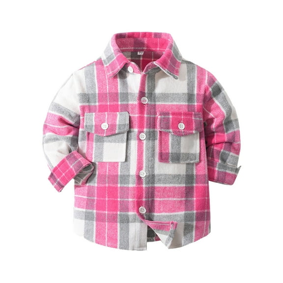 Staki Boys Button up Shirts Boys' Button-Down Shirts Plaid Long Sleeve for Toddler Kids(Hot Pink,12-18 Months)