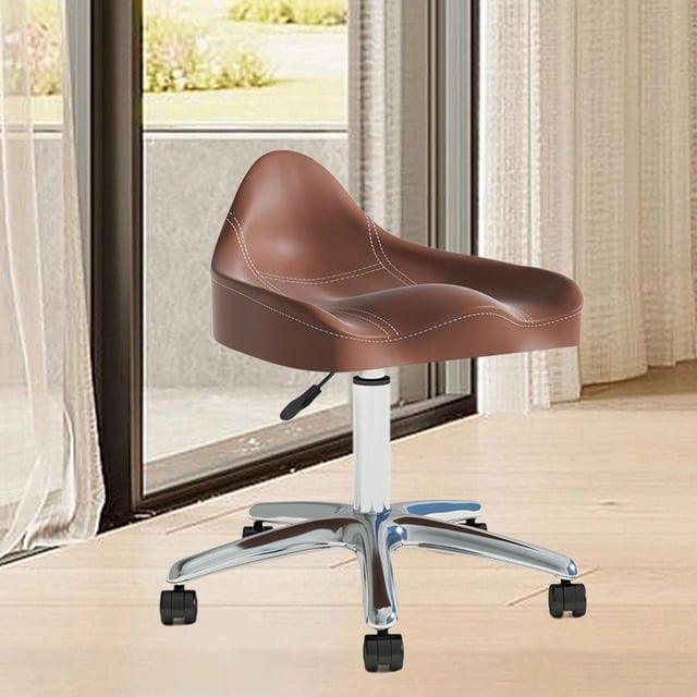 Taburete giratorio con ruedas para salón, taburete rodante resistente, asiento grueso acolchado, taburete rodante ajustable con respaldo para barras Rueda Marrón