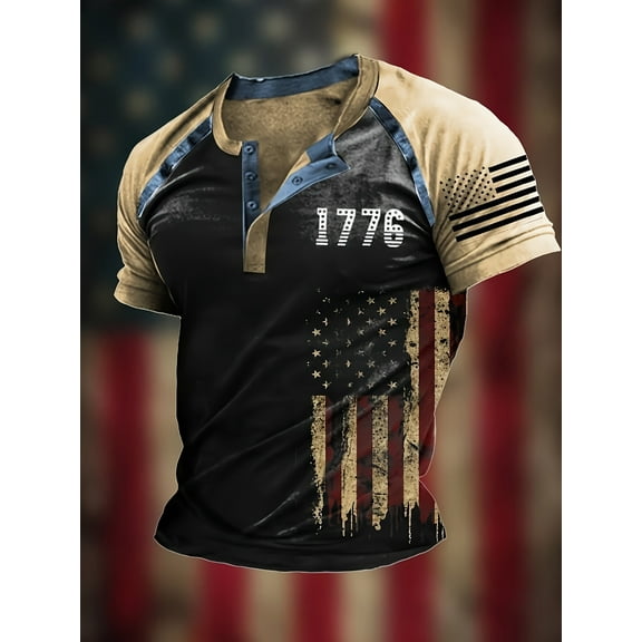 Men's American Flag Patriotic 1776 Shirt Vintage American 4th of July Short Sleeve Independence Day T-Shirt Black M