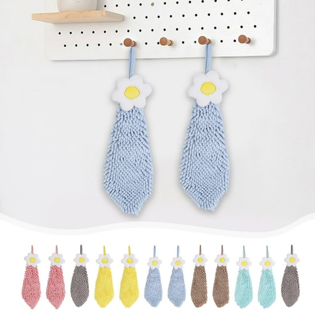 Bola de toallas de manos de chenilla - Toallas colgantes de microfibra absorbente en pack de 2 para baño y cocina, diseño de flores en amarillo, rosa, azul, verde, gris, café