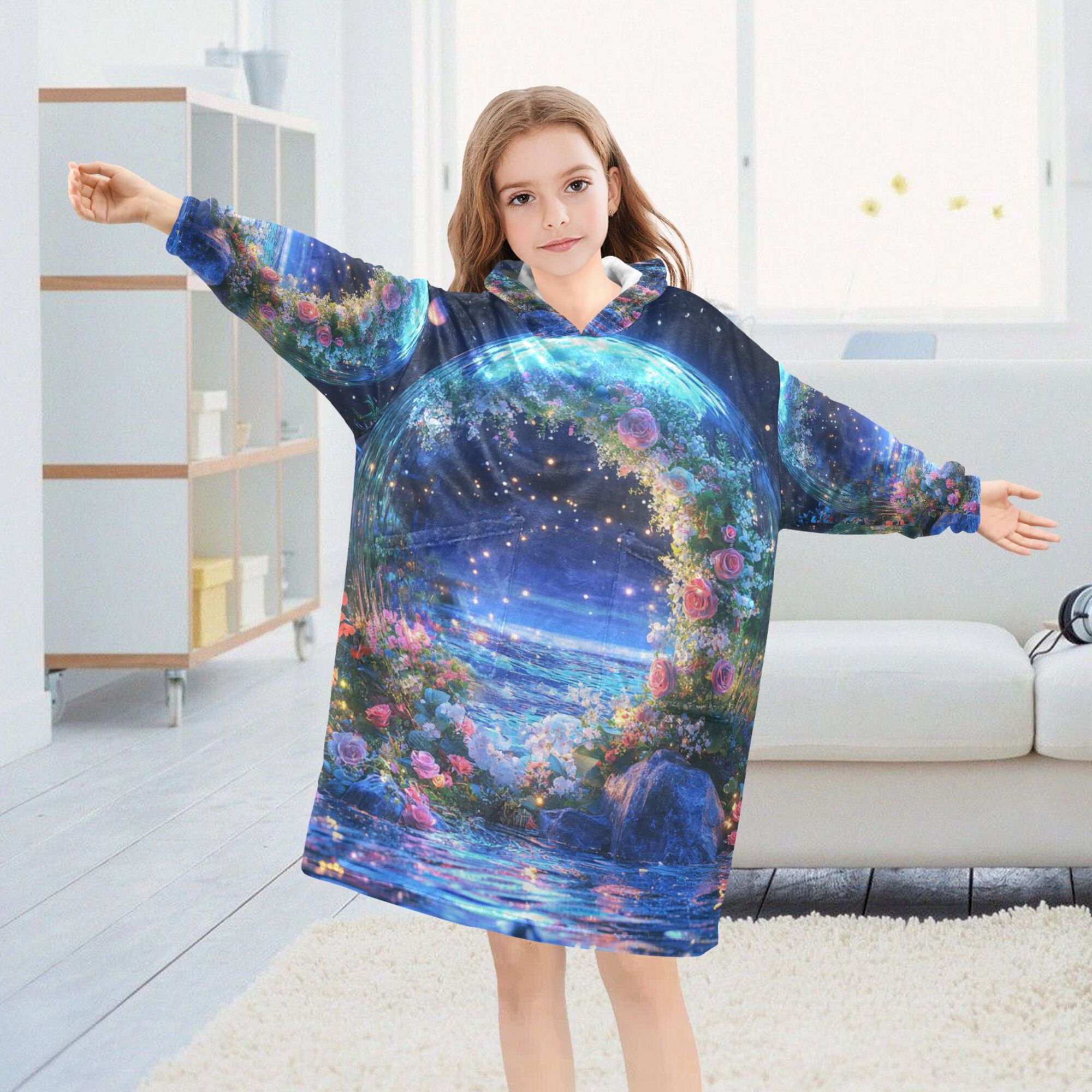 FORMRS Wearable Blanket Hoodie with Sleeves for Kids Cozy Flannel Sweatshirt, Beautiful Floral Moon