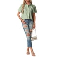 thumbnail image 4 of QASIEATN Ladies' Puff Sleeve Button Up Tops Summer Striped Stand Up Collar Fashionable Casual Loose Short Sleeved T Shirt, 4 of 6